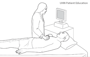 Man lying on table. Technician looking at computer screen and holding an ultrasound   wand on the man’s chest over his heart area.